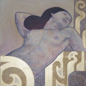 Acrylbild einer schlafenden weiblichen Figur vor goldenen, weissen und violetten Strukturen, ispiriert duch die 
      Sage von Lethe 